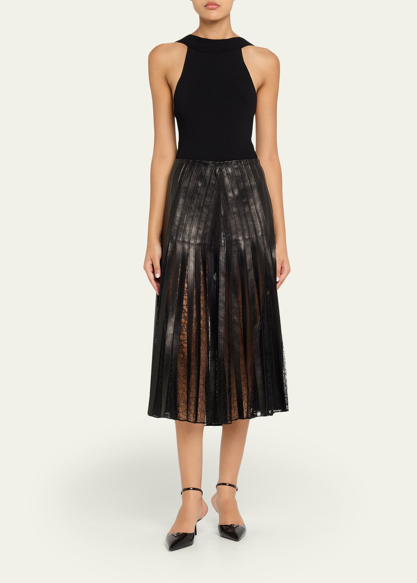 Alix Lace-Inset Pleated Leather Midi Skirt - 2