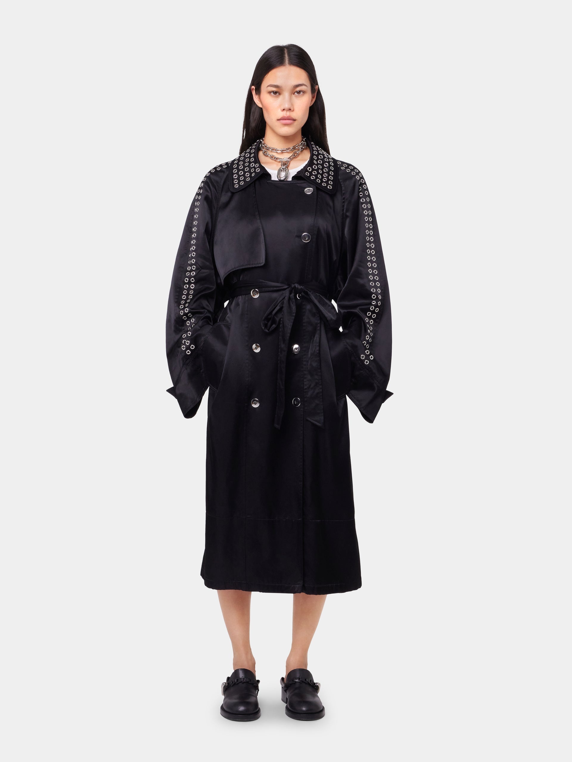BLACK LONG TRENCH COAT IN SATIN - 2