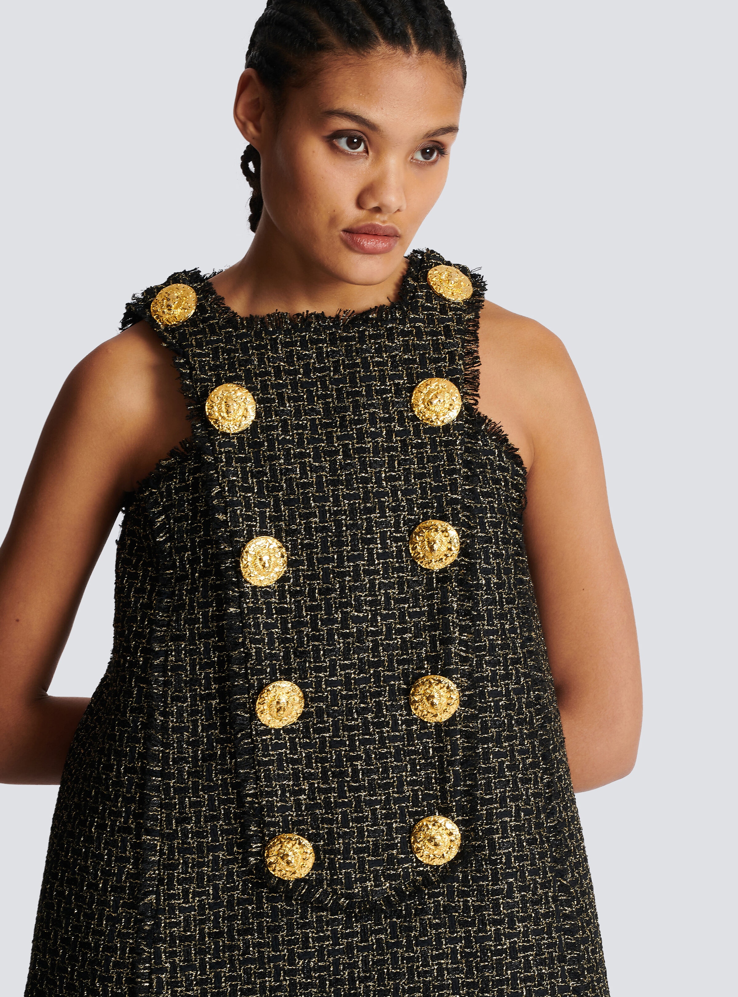 Sleeveless lurex tweed dress with buttons - 6