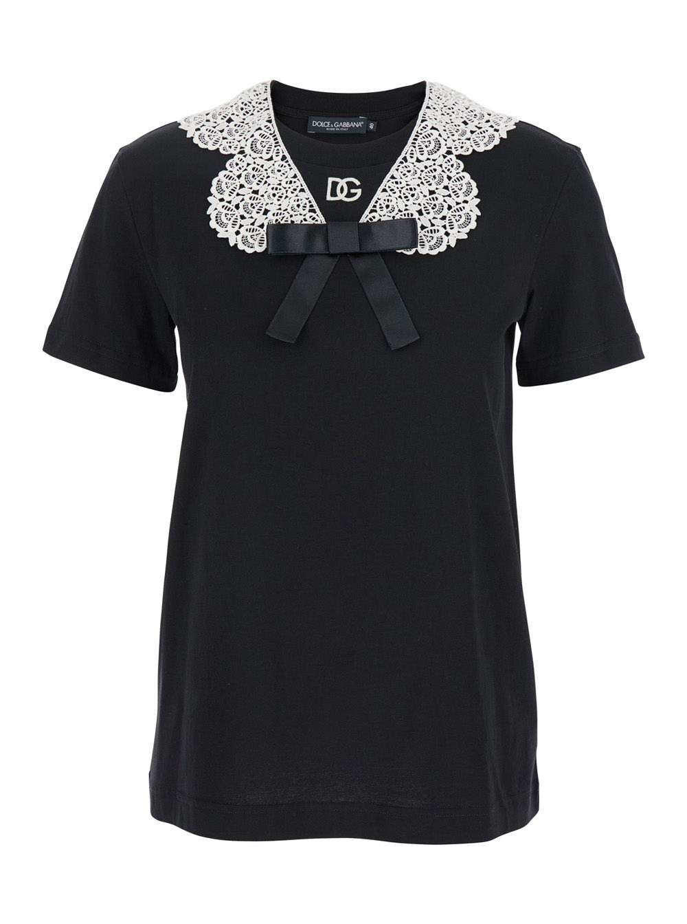 Dolce & Gabbana Women Black T-Shirt With Bow On The Front And Lace Details In Cotton Woman - 1
