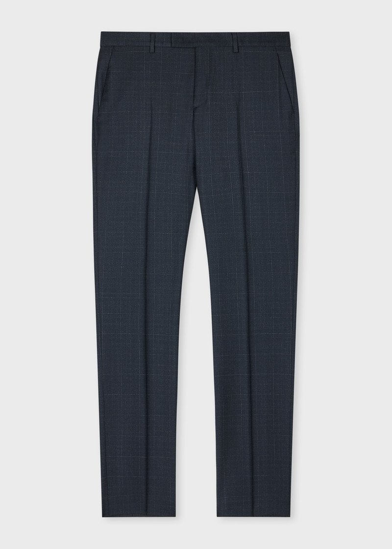 Tapered-Fit Navy Windowpane Check Wool Trousers 1