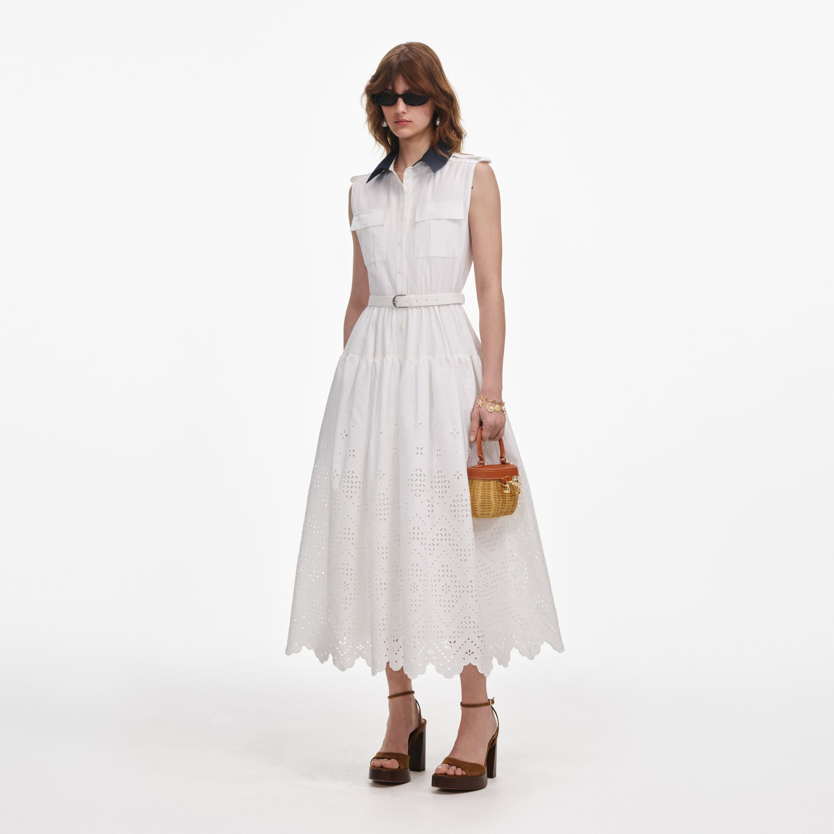 White Contrast Collar Broderie Midi Dress - 2