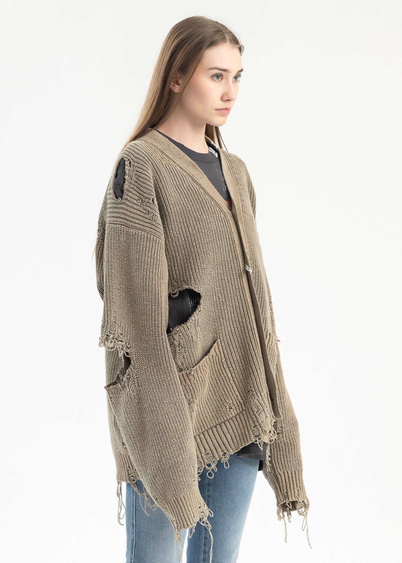 KHAKI BLEACHED KNIT CARDIGAN - 4