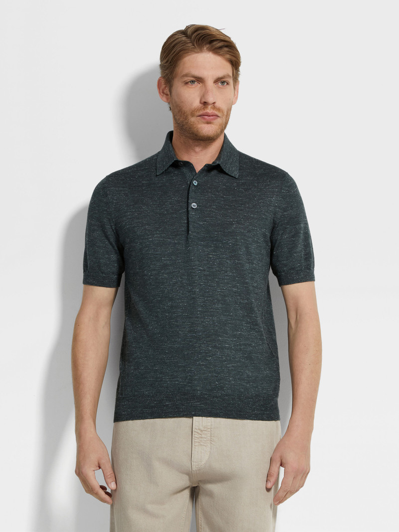 DARK GREEN MÉLANGE SILK CASHMERE AND LINEN POLO SHIRT 4