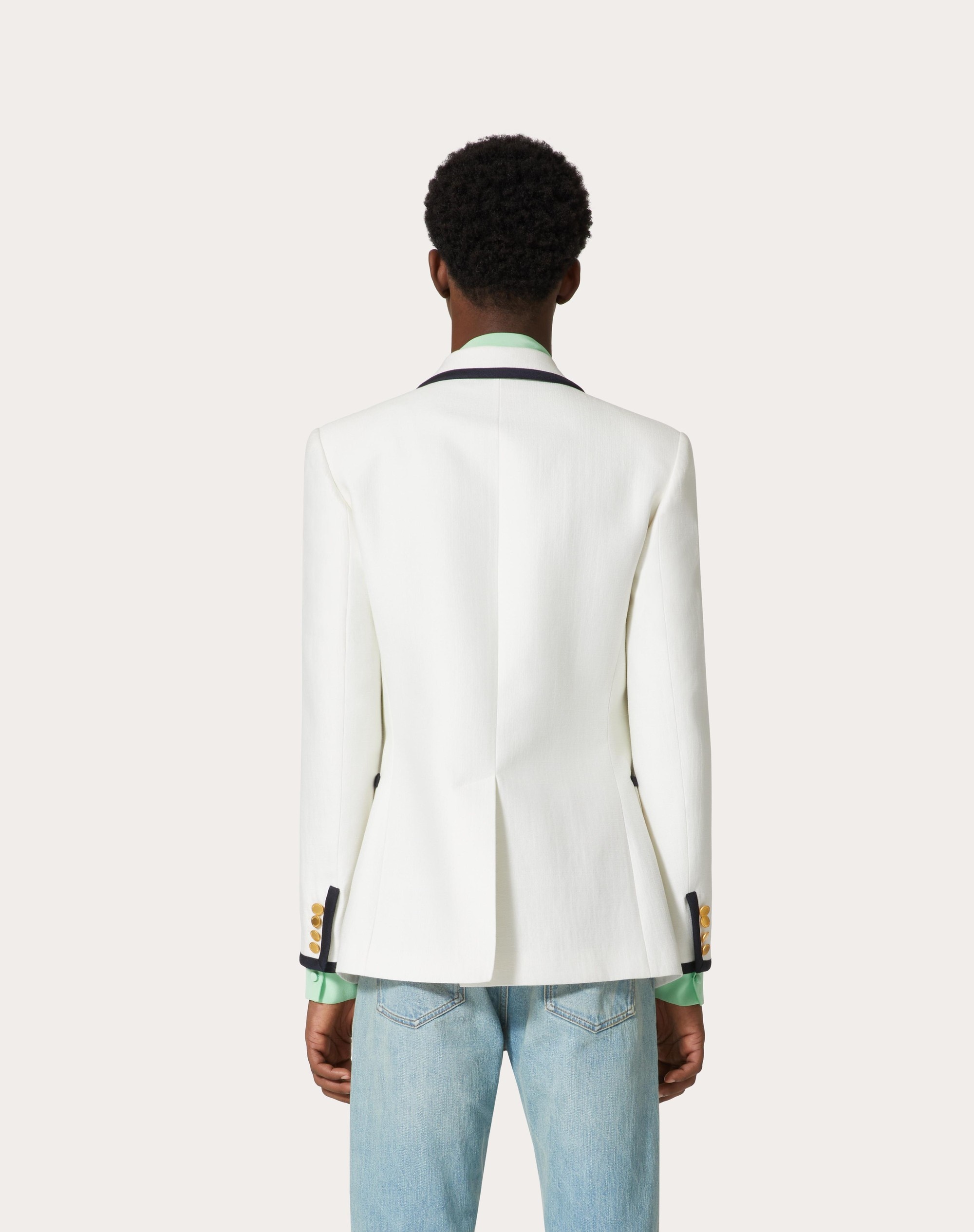 DOUBLE-BREASTED WOOL AND SILK JACKET WITH RUBBERIZED V DETAIL - 4