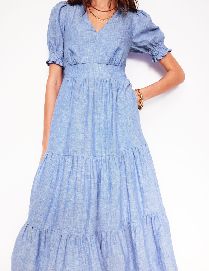 Anna Linen Tiered Midi Dress-Summer Blue Chambray 3