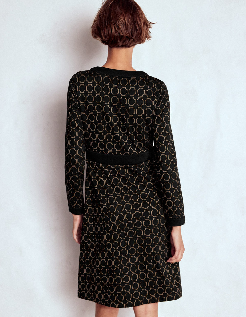 Lavinia Button Shift Dress-Black/Camel Jacquard 4