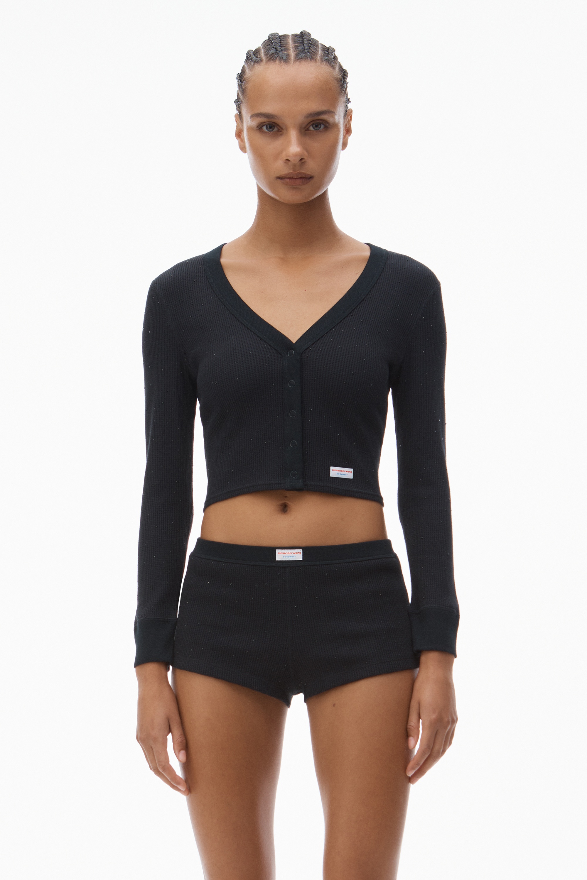 Crystal Hotfix Long-Sleeve Cardigan in Waffle Knit - 2