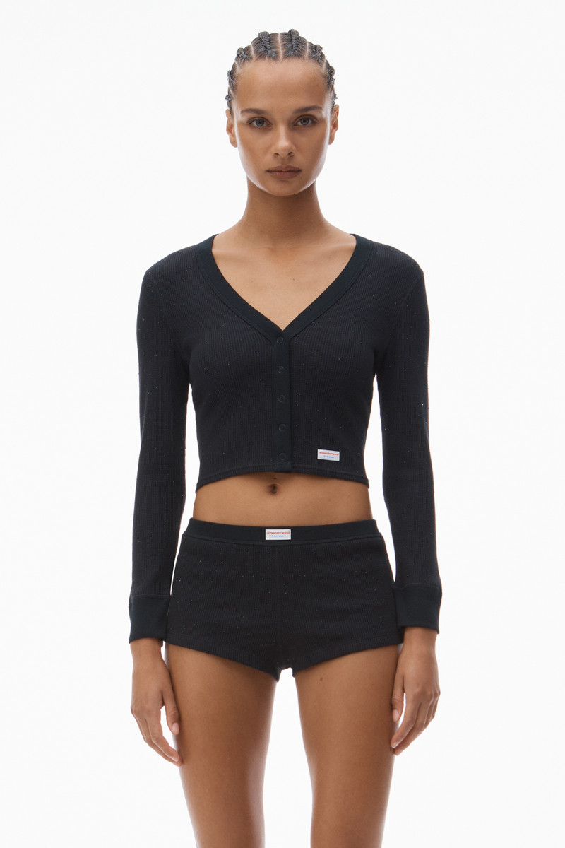 Alexander Wang Crystal Hotfix Long-Sleeve Cardigan in Waffle Knit outlook