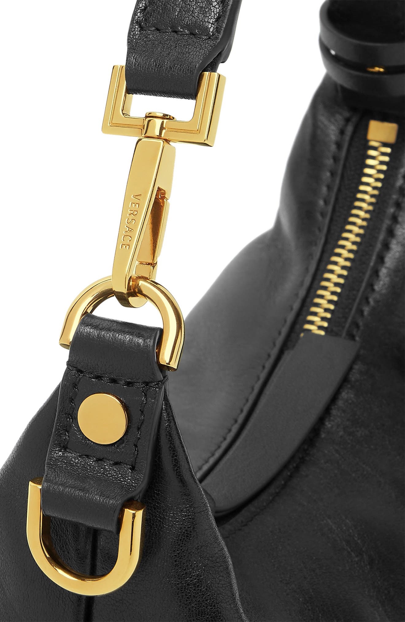 Versace Small Logo Leather Hobo Bag in Black Versace Gold at Nordstrom - 3