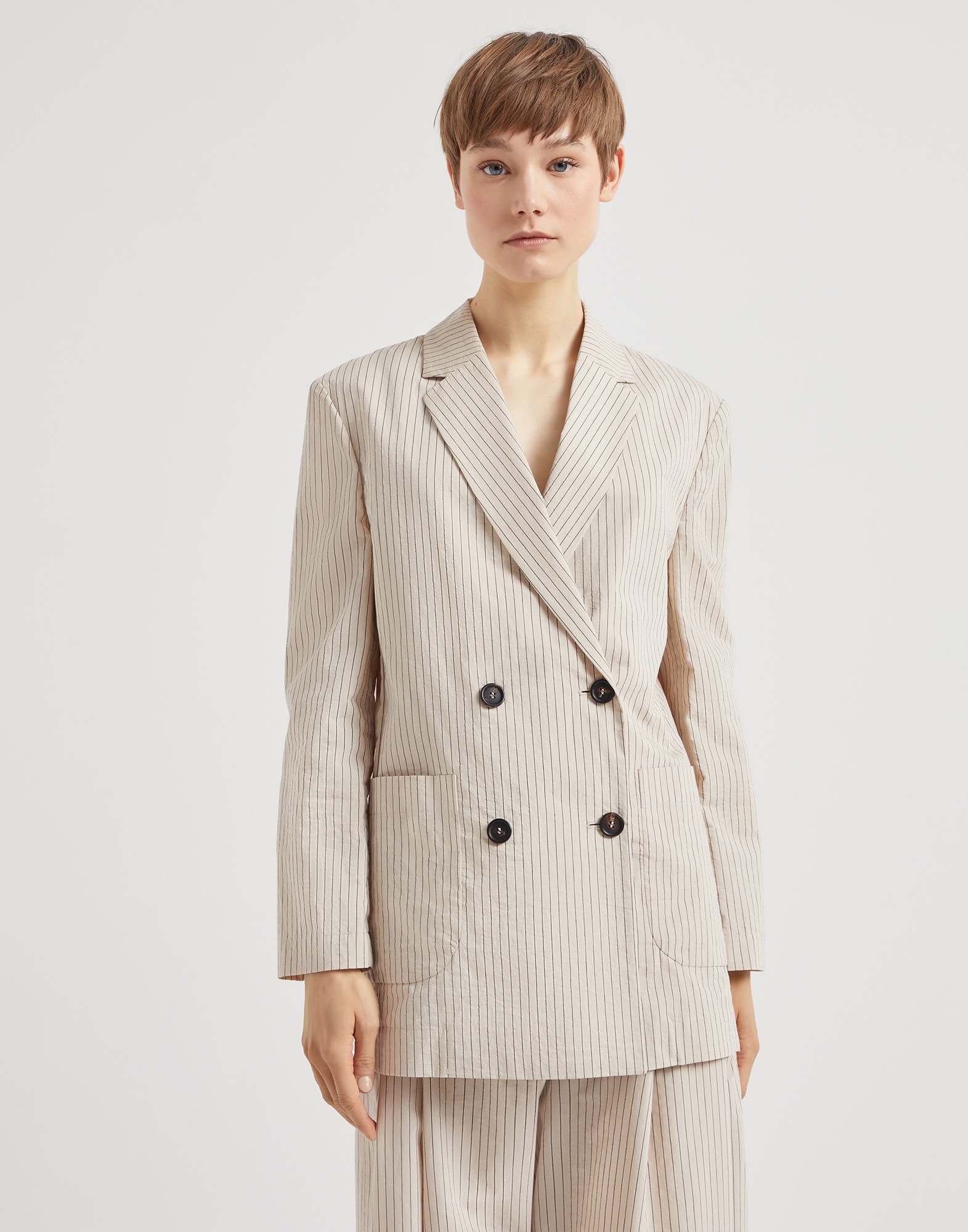 Striped techno cotton wrinkled poplin blazer with monili - 1