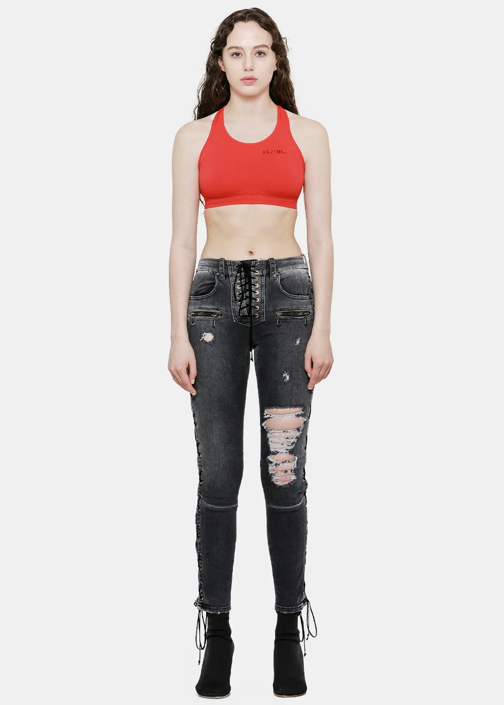 Black Rinsed Lace-Up Jeans - 1