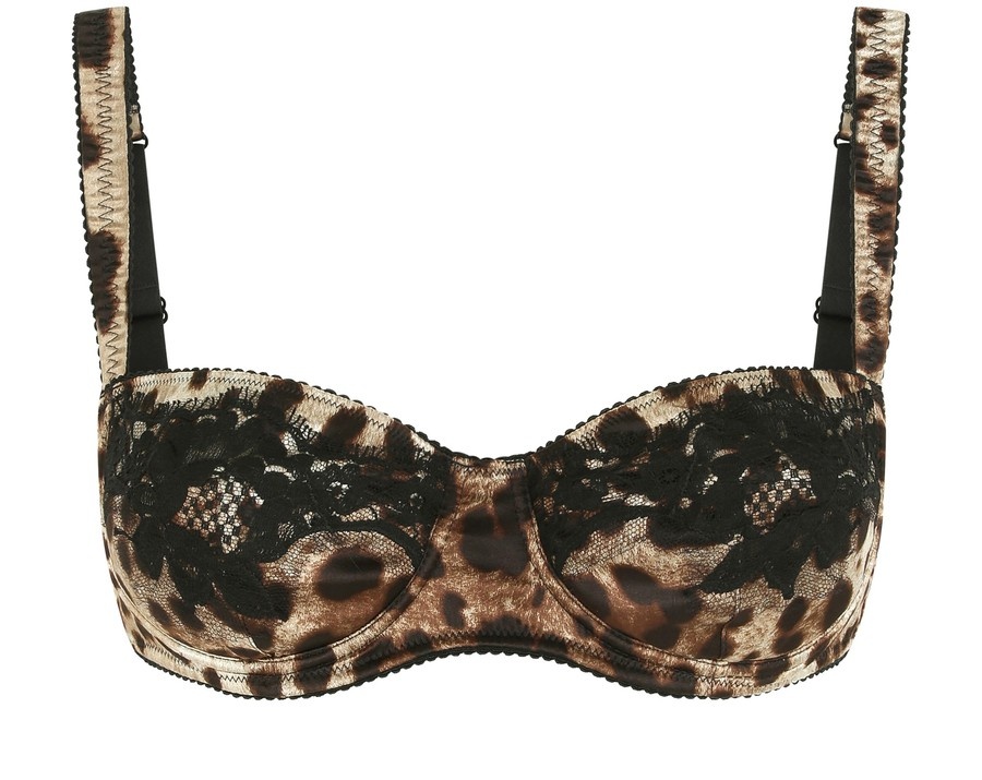 Leopard-print satin balconette bra with lace detailing - 1