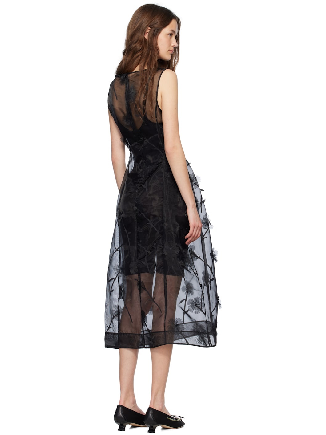 Black Sculpted Carnation Organza Midi Dress - 3