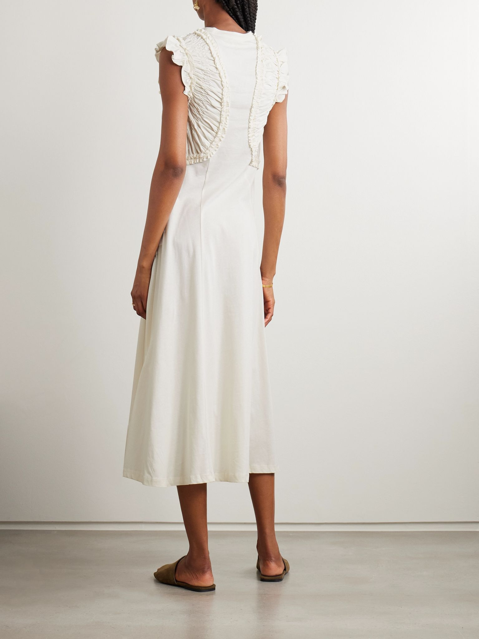 Shiva ruffled ruched organic cotton midi dress White - 3