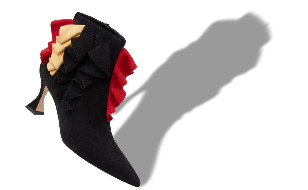 Black Suede Ruffled Detail Ankle Boots - 2