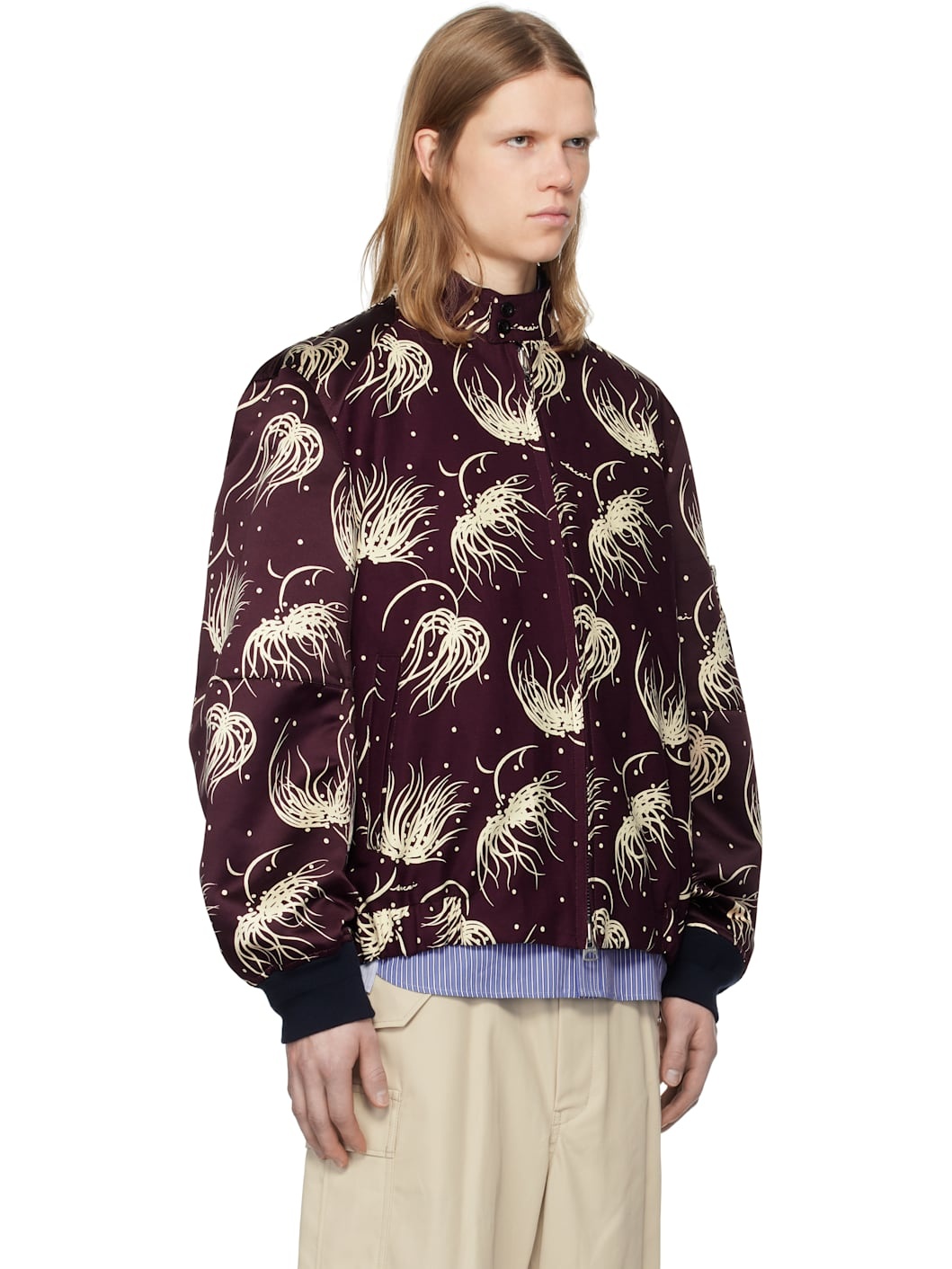 Burgundy Dot Flower Print Bomber Jacket - 2