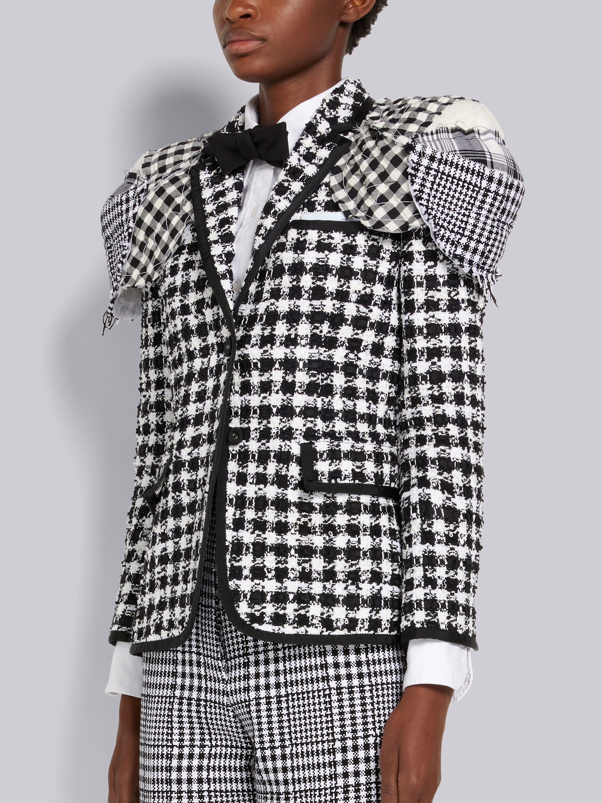 Black and White Gingham Check Tweed Grosgrain Tipping Stacked Shoulder Pad Classic Jacket - 2