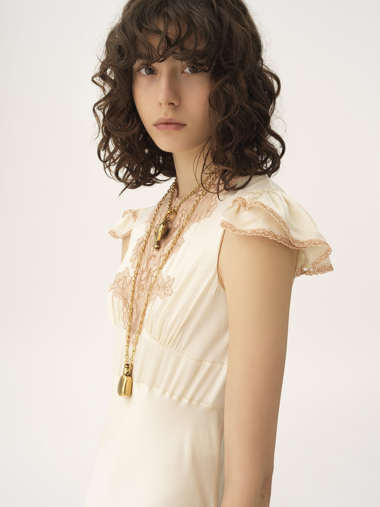 CAP-SLEEVE COLUMN DRESS IN WASHED SILK SATIN & LACE - 6