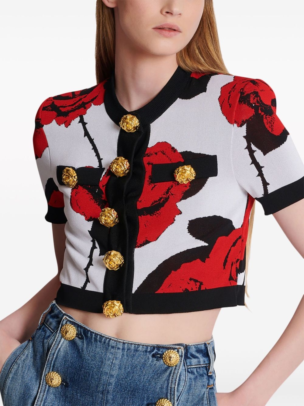 floral-jacquard cropped cardigan - 6