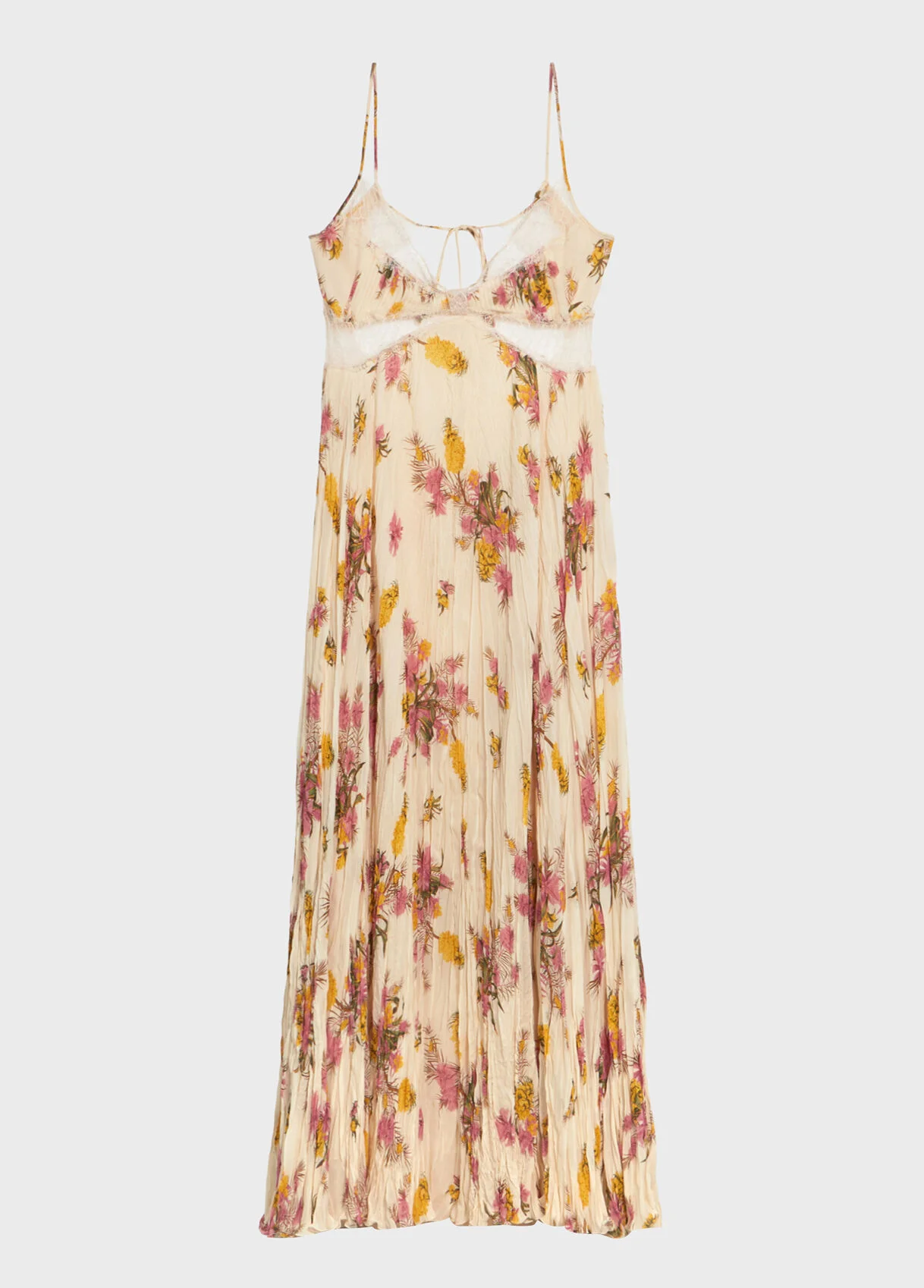 LONG PLEATED GEORGETTE DRESS WITH PRINT AND LACE - 1