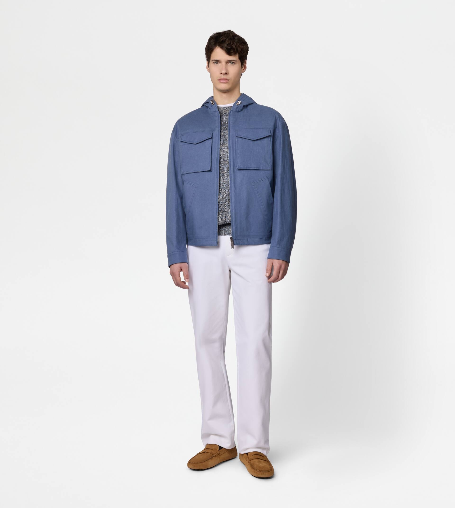 JACKET IN LINEN WITH HOOD - BLUE - 2