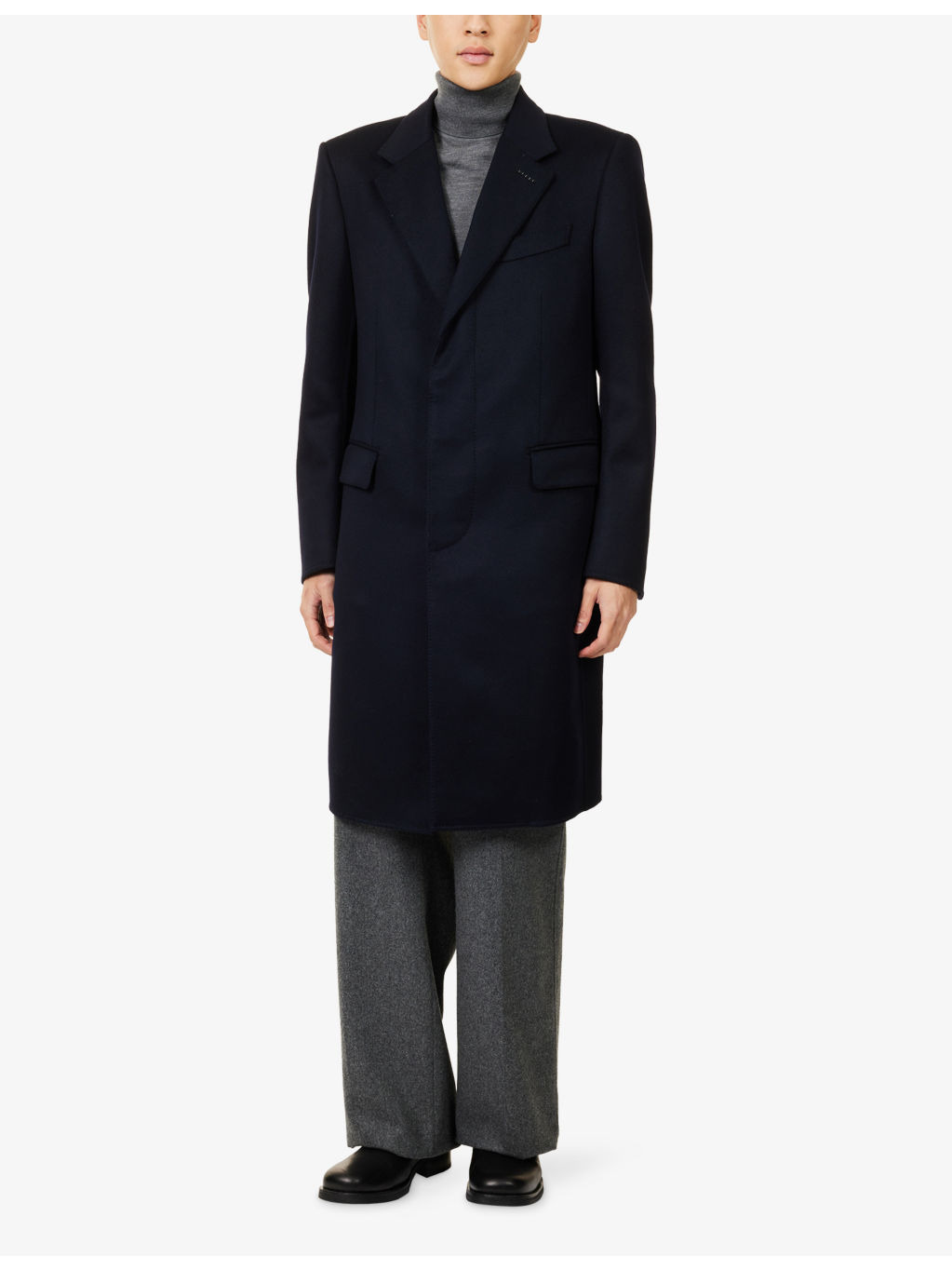 Notched-Lapel Long-Sleeve Wool Cashmere Blend Overcoat - 3