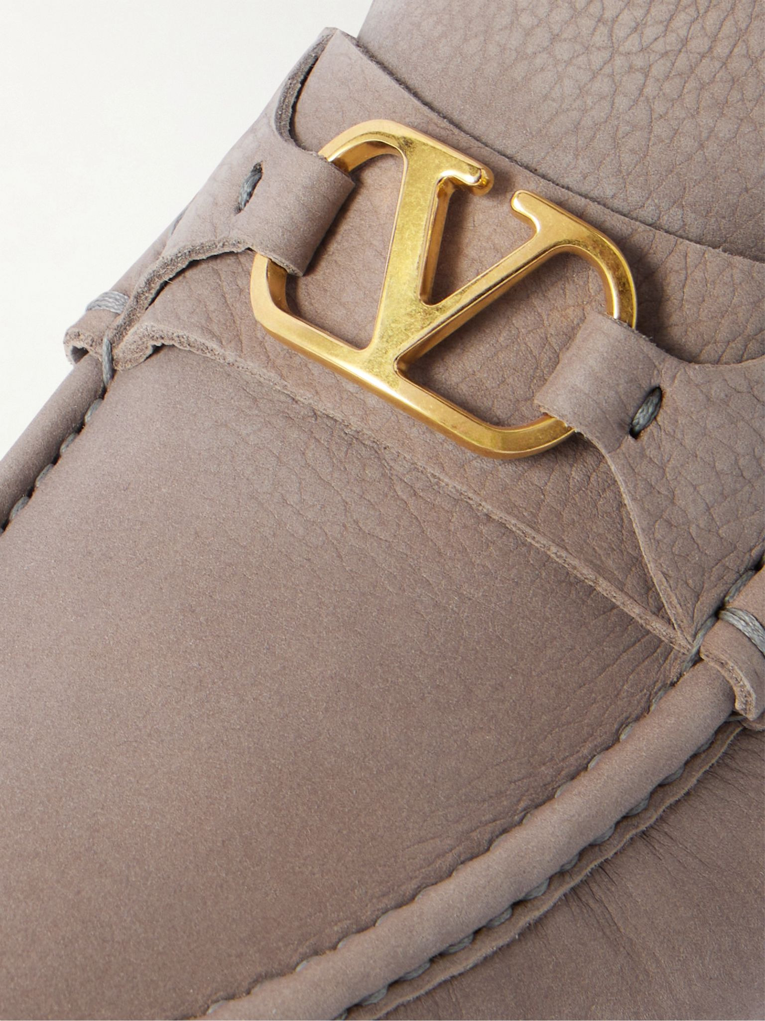 V-Logo Embellished Full-Grain Nubuck Loafers Gray - 5