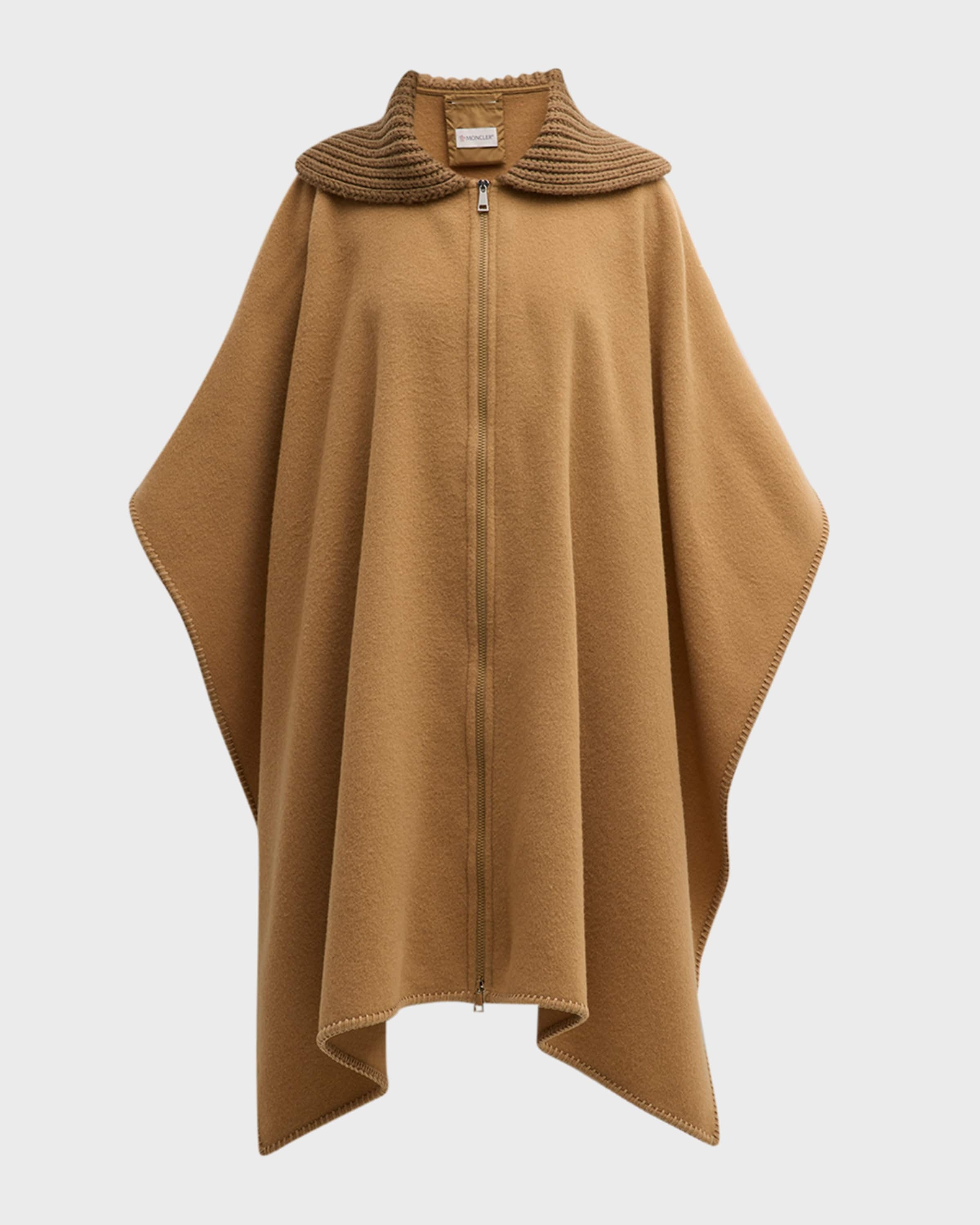 Wool Long Cape with Knit Collar - 1