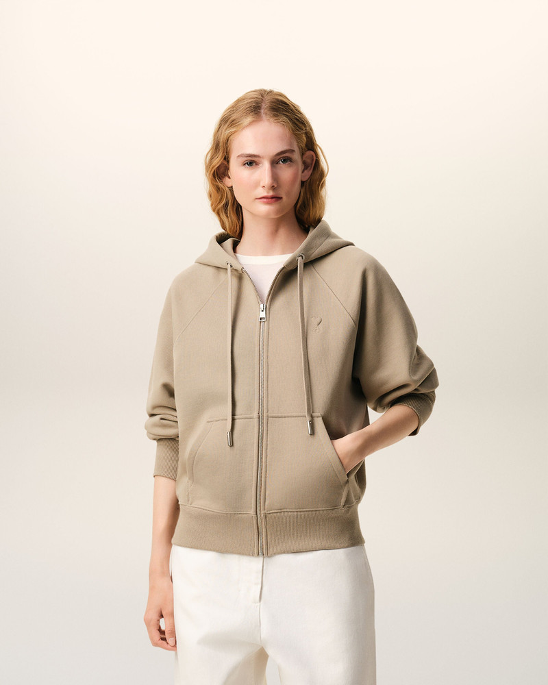 AMI Paris BEIGE COTTON EMBOSSED AMI DE COEUR ZIPPED HOODIE outlook