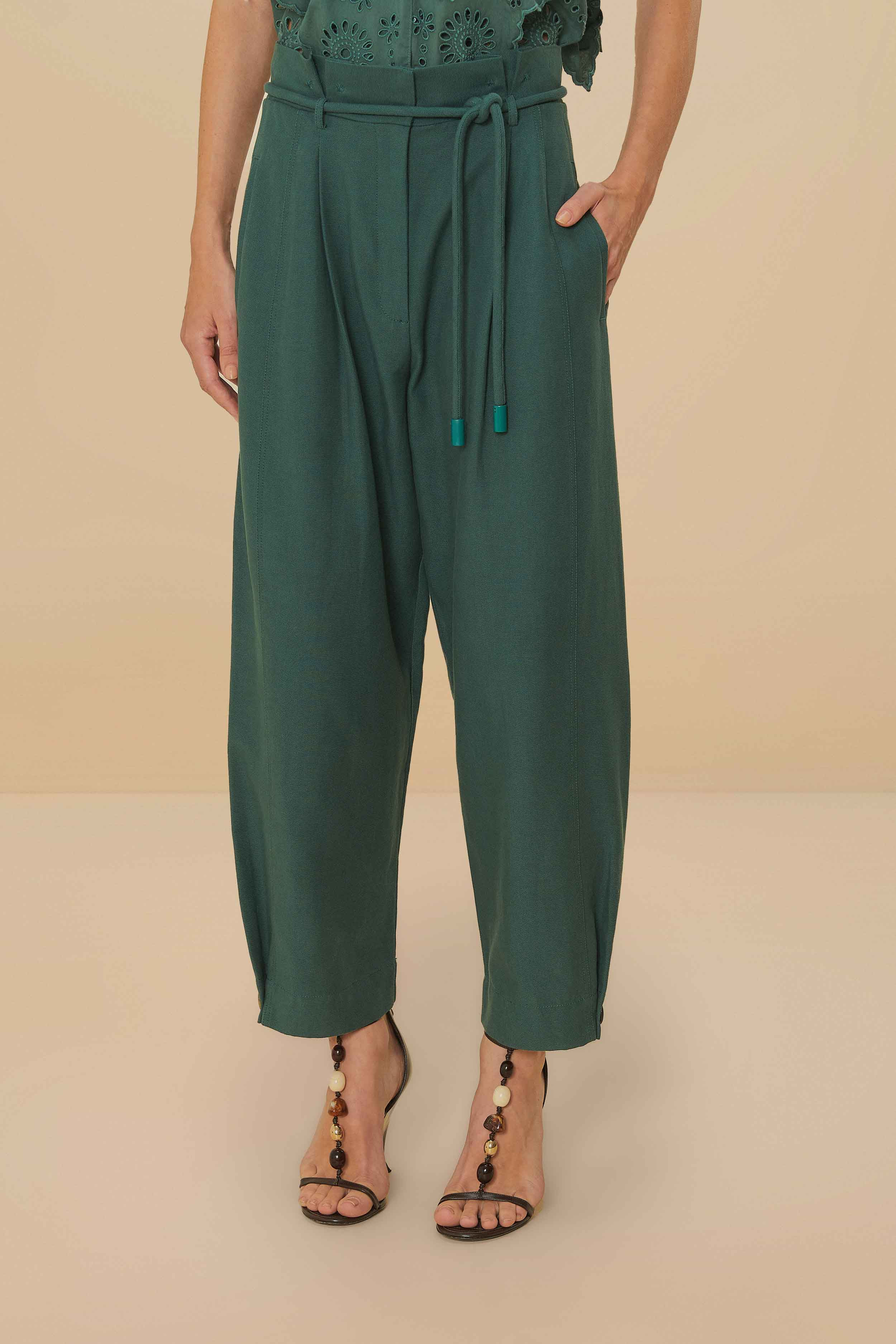 Dark Green Topstitched Clochard Pants - 4