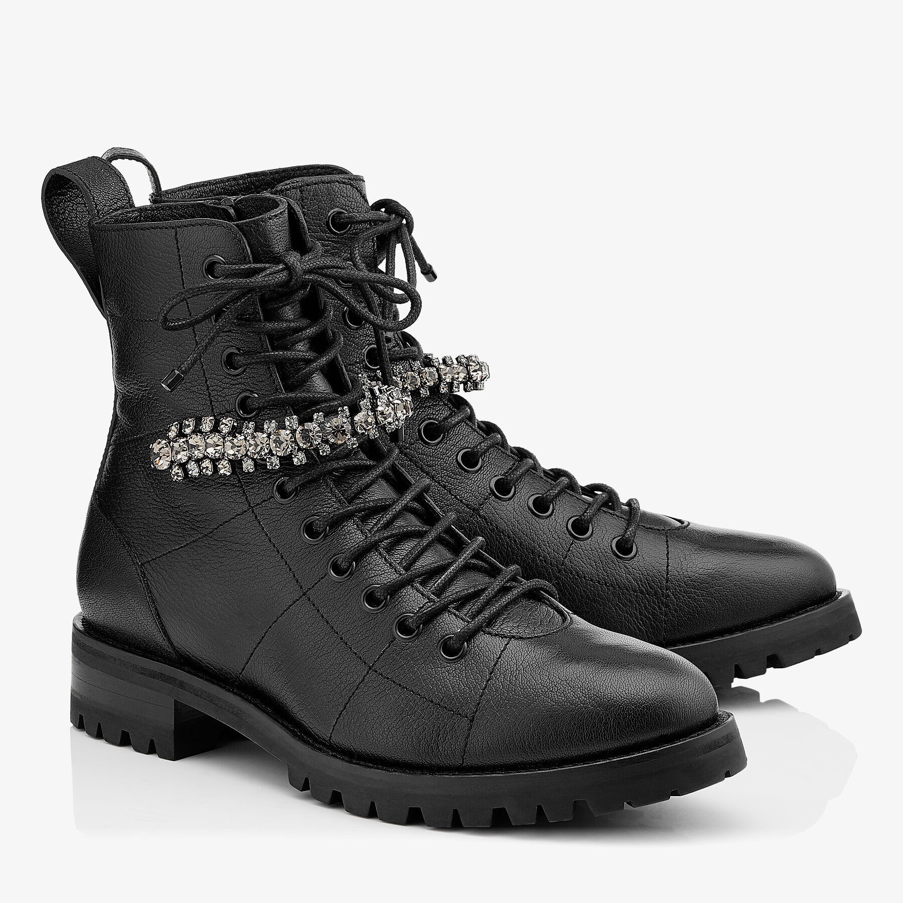 Cruz Flat
Black Grainy Leather Combat Boots with Crystal Detail - 3