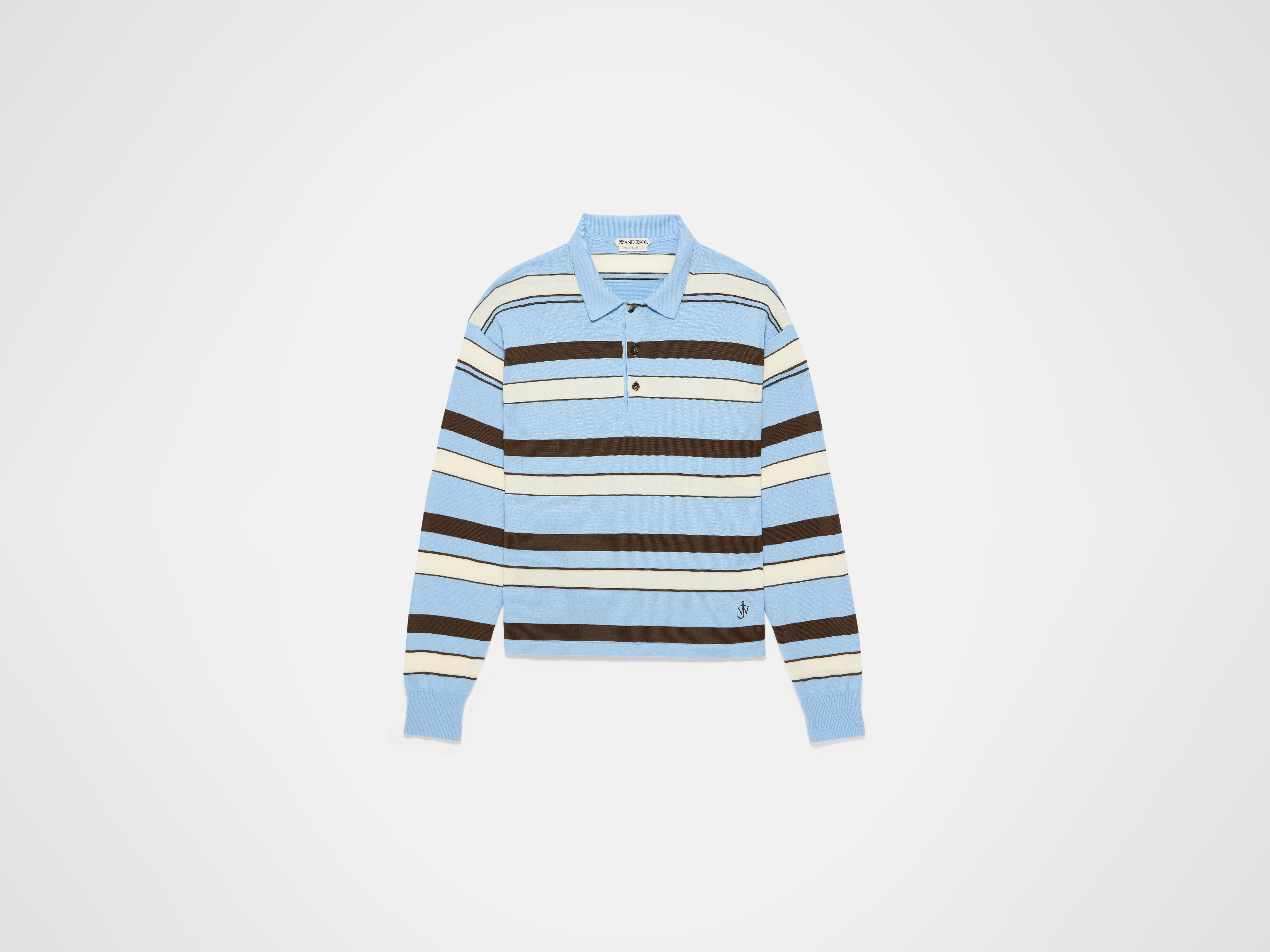 KNITTED STRIPED RUGBY POLO TOP IN MISTY BLUE - 1