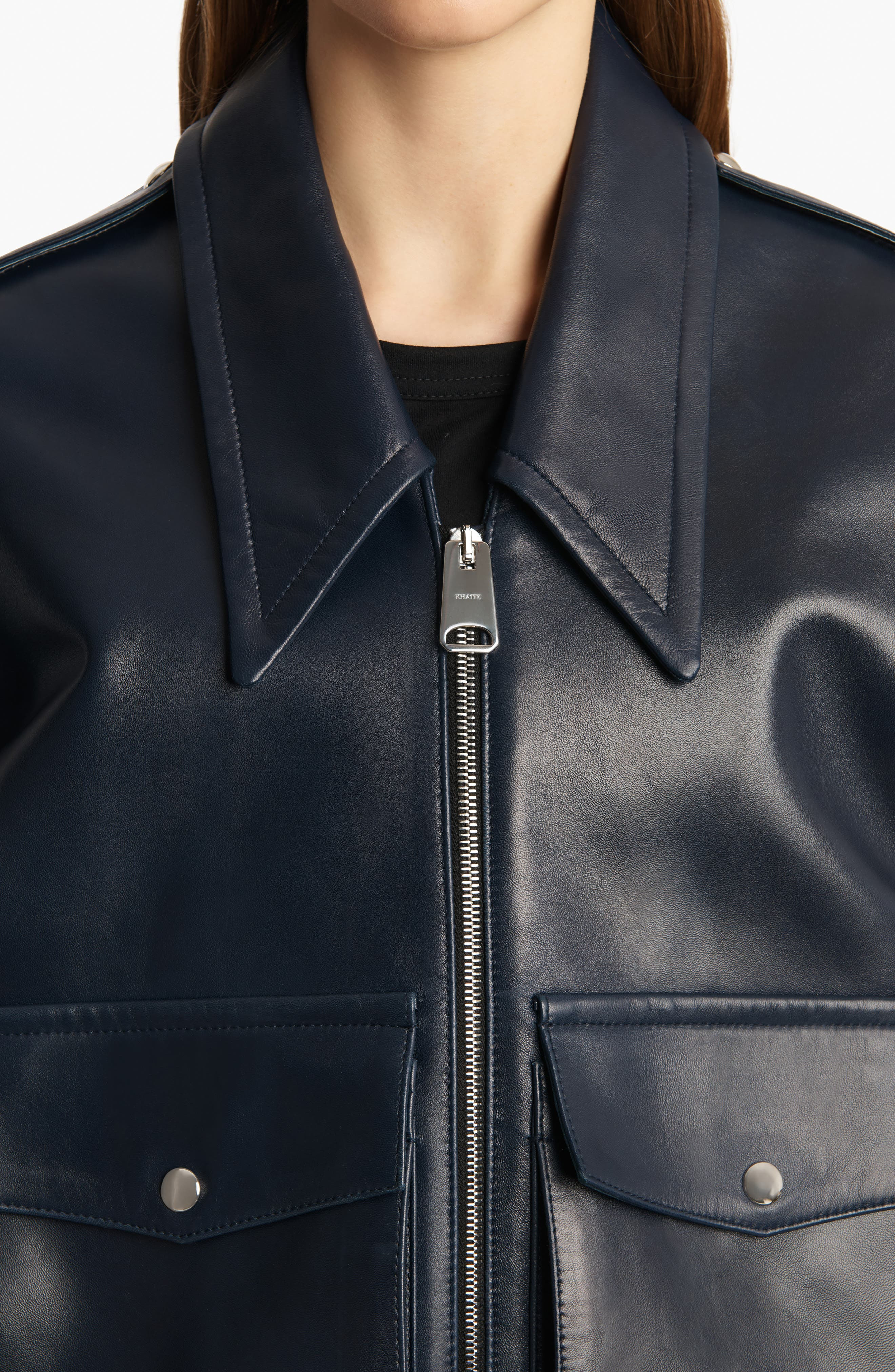 Khaite Owey Plongé Leather Bomber Jacket in Dark Navy at Nordstrom - 4