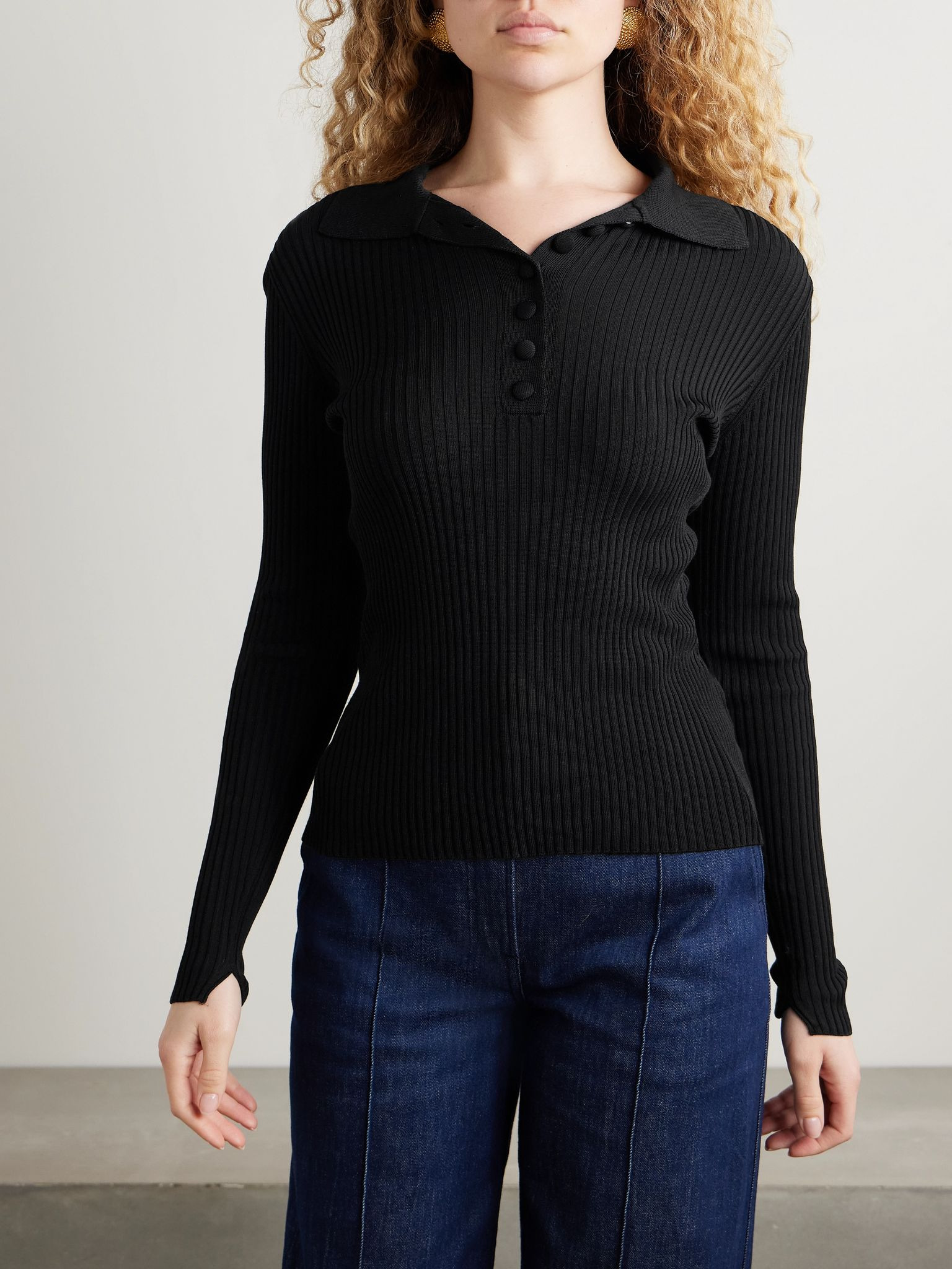 Ribbed-knit polo sweater Black - 3