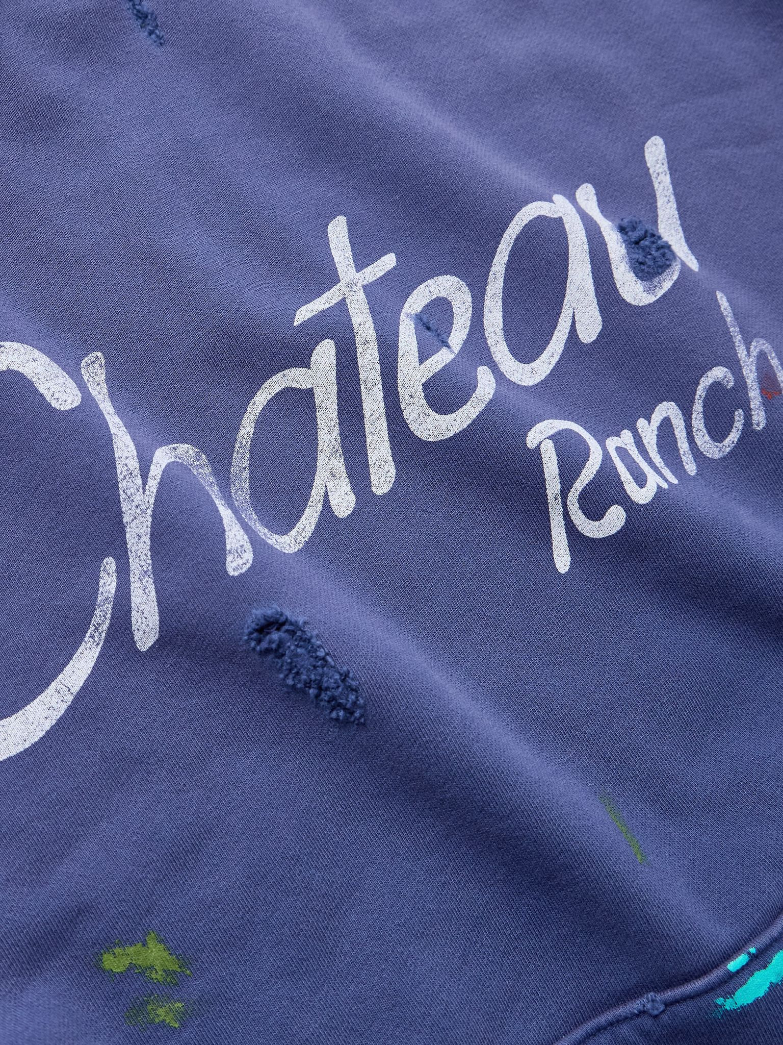 Chateau Ranch Distressed Paint-Splattered Logo-Print Supima Cotton-Jersey Hoodie Blue - 4