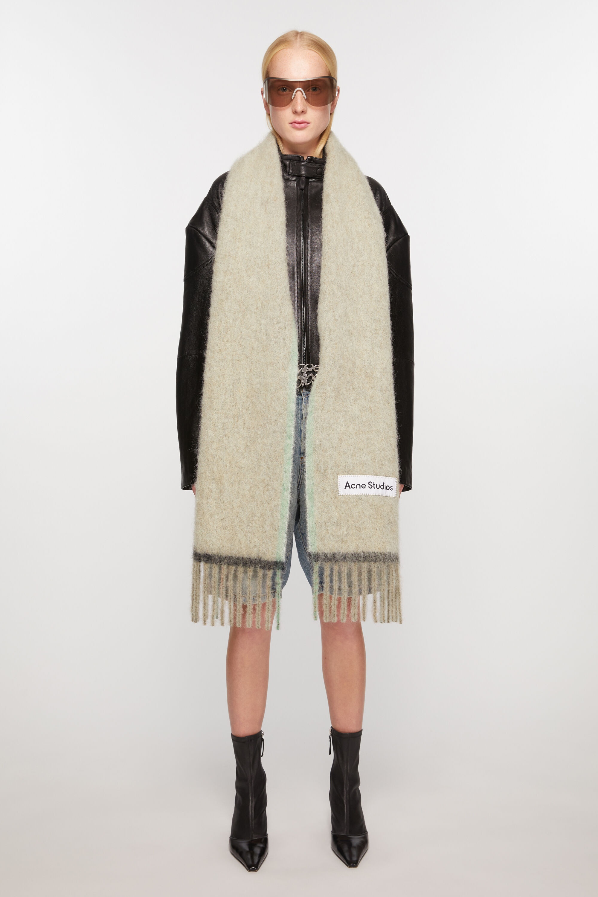 Wool mohair scarf - Narrow - Beige/grey - 2