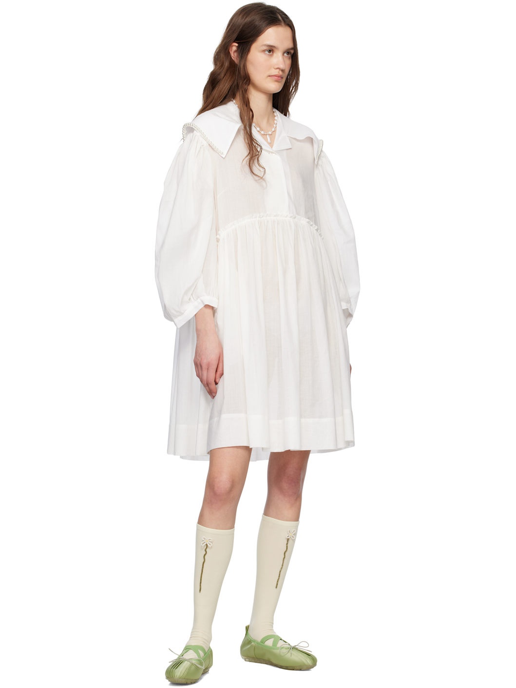 White Beaded Sailor Collar Shirt Minidress - 4