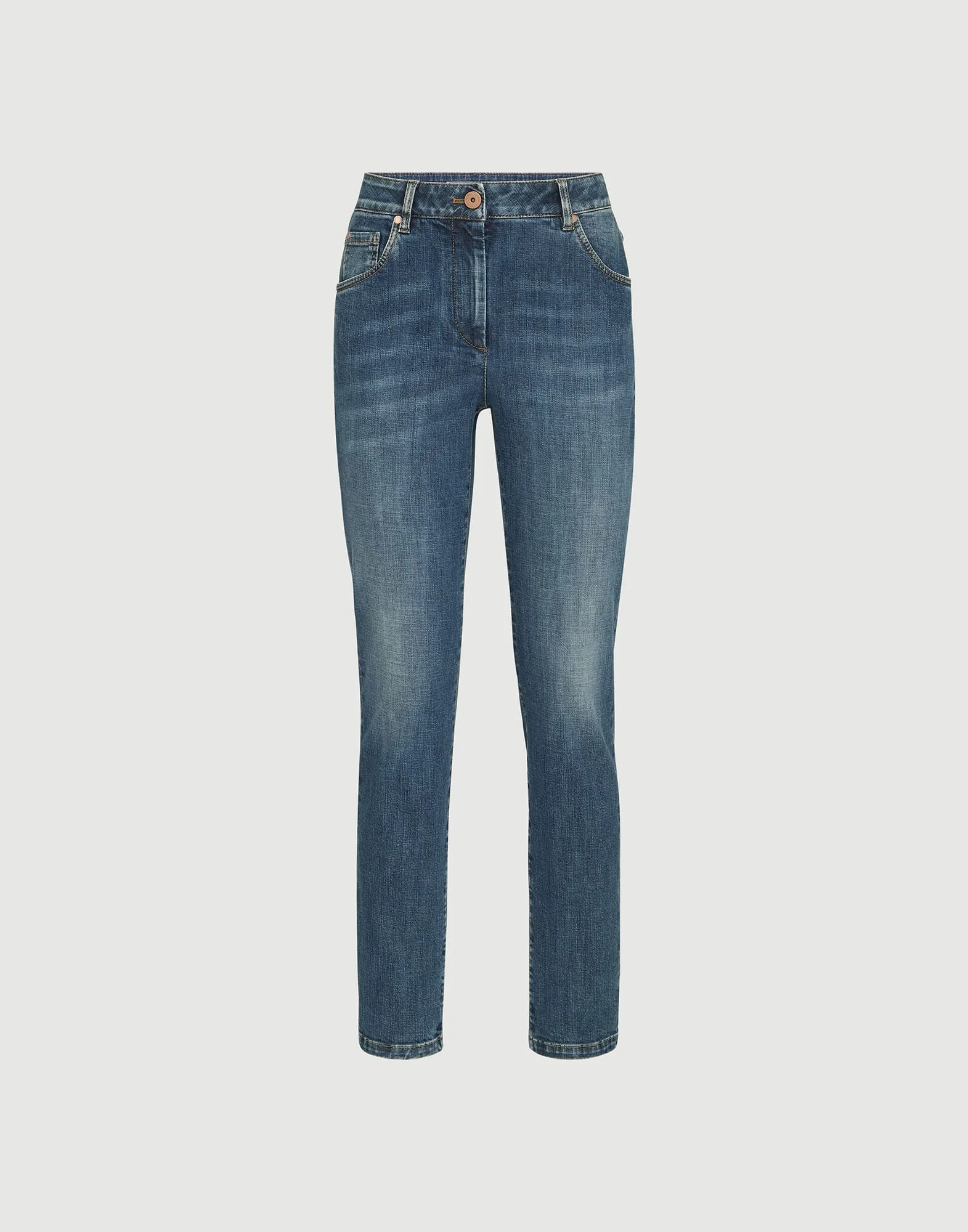 Stretch denim slim five-pocket trousers with shiny leather tab - 1