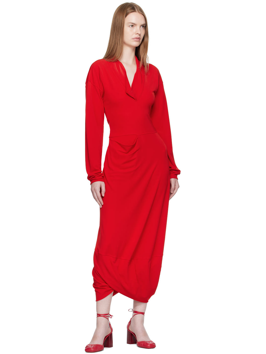 Red V Neck Maxi Dress - 4