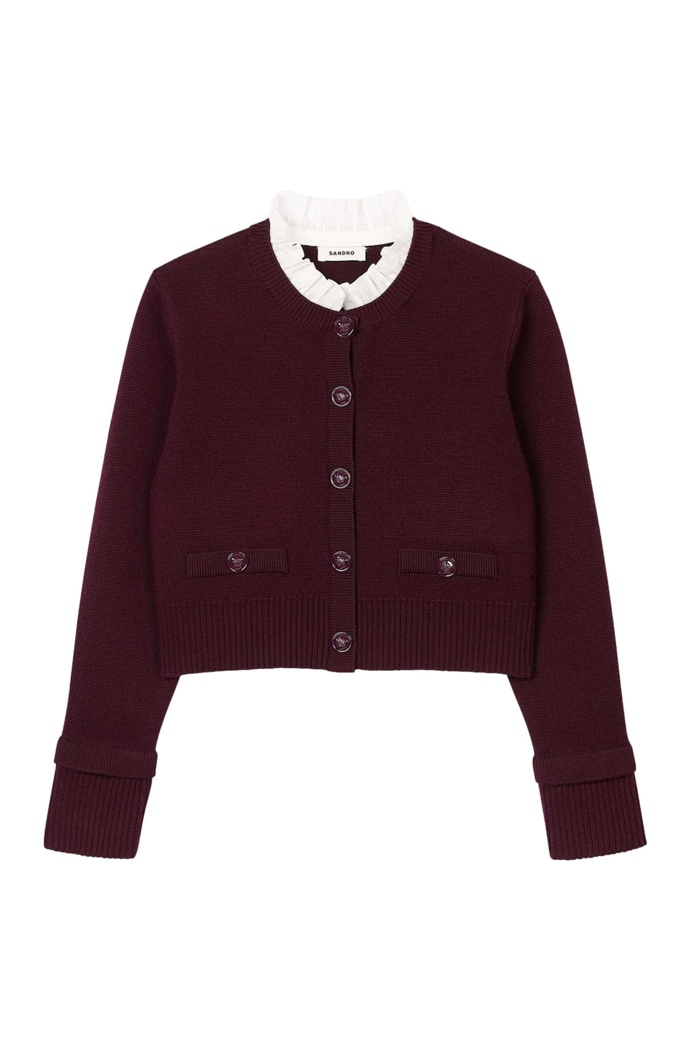 SANDRO Knit cardigan with ruffled collar in Bordeaux at Nordstrom - 6