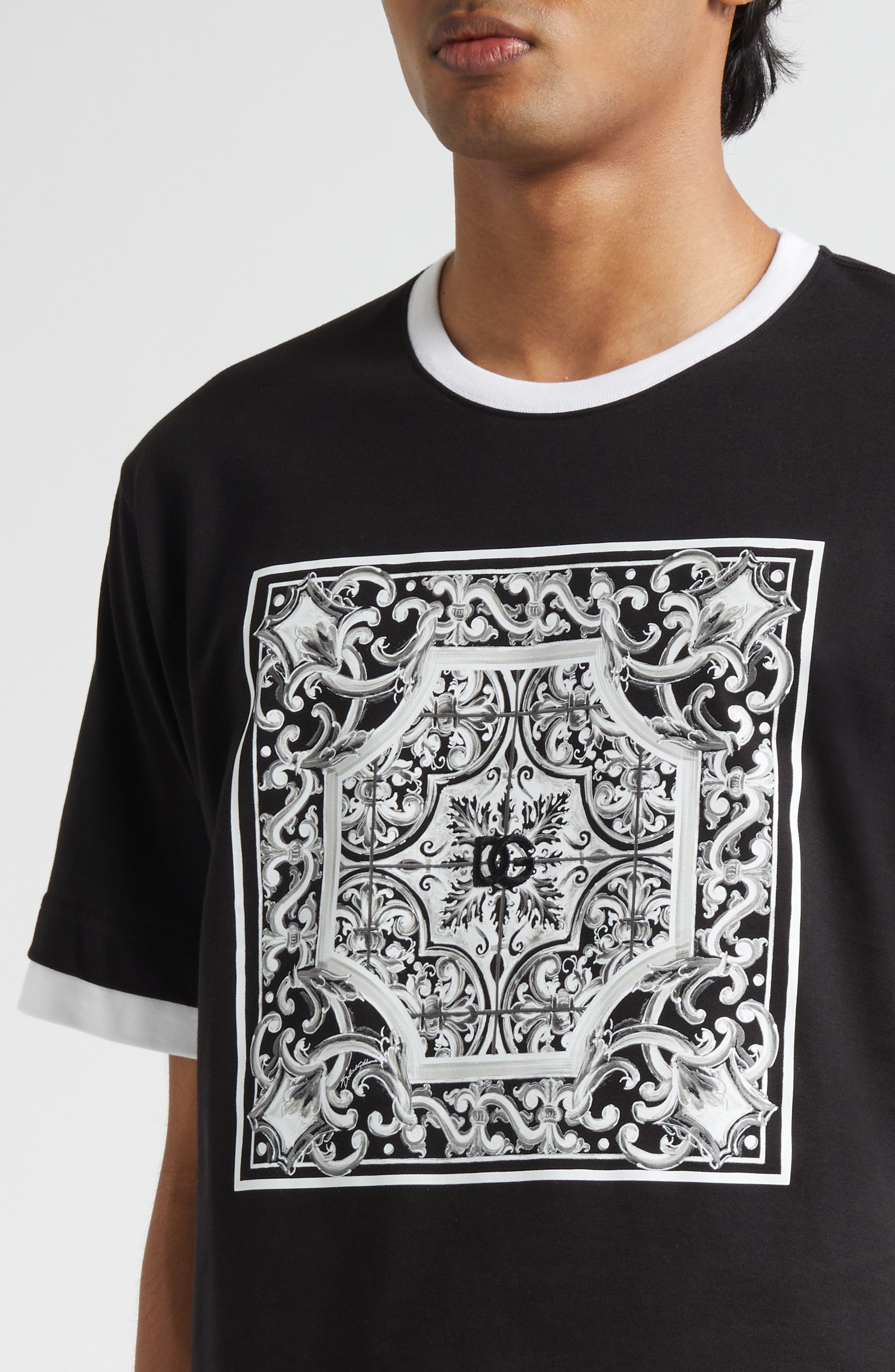 Dolce&Gabbana Majolica Embroidered Ringer T-Shirt in Nero at Nordstrom - 5