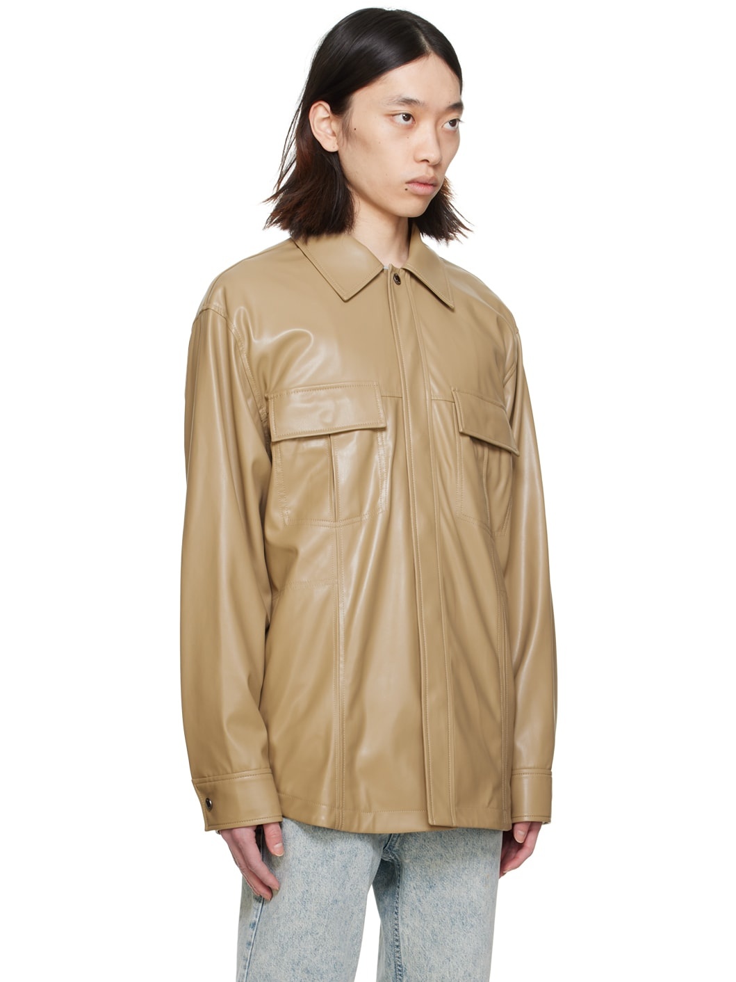 Beige Paneled Faux-Leather Shirt - 2