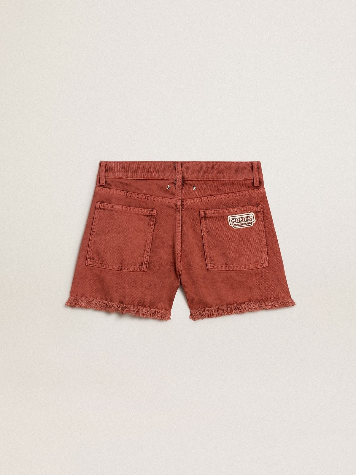 Women's shorts in brick-red denim with Golden Mediterraneo embroidery - 6