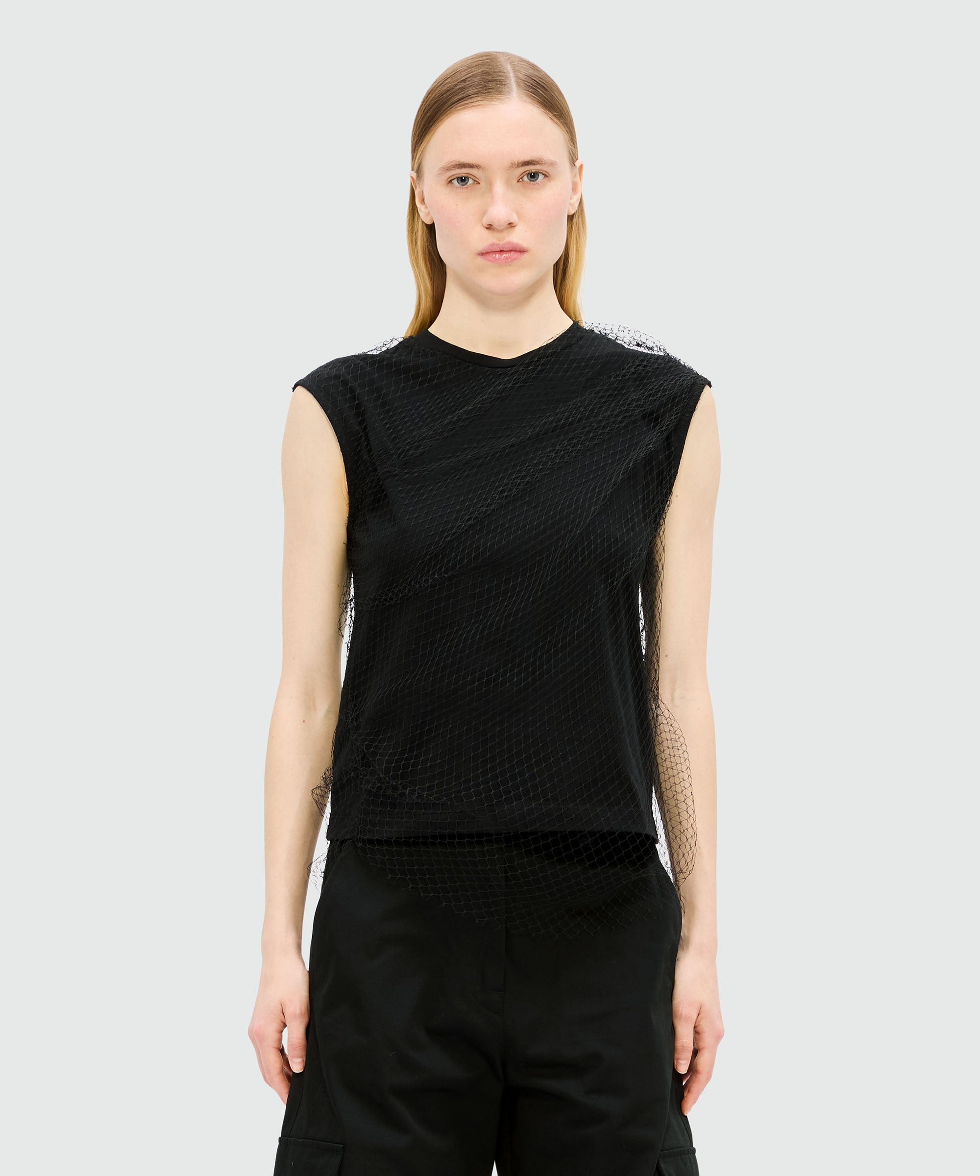 Black cotton jersey top with tulle layer - 2