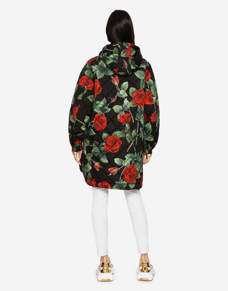 Quilted cordura jacket with rose print and hood - 3