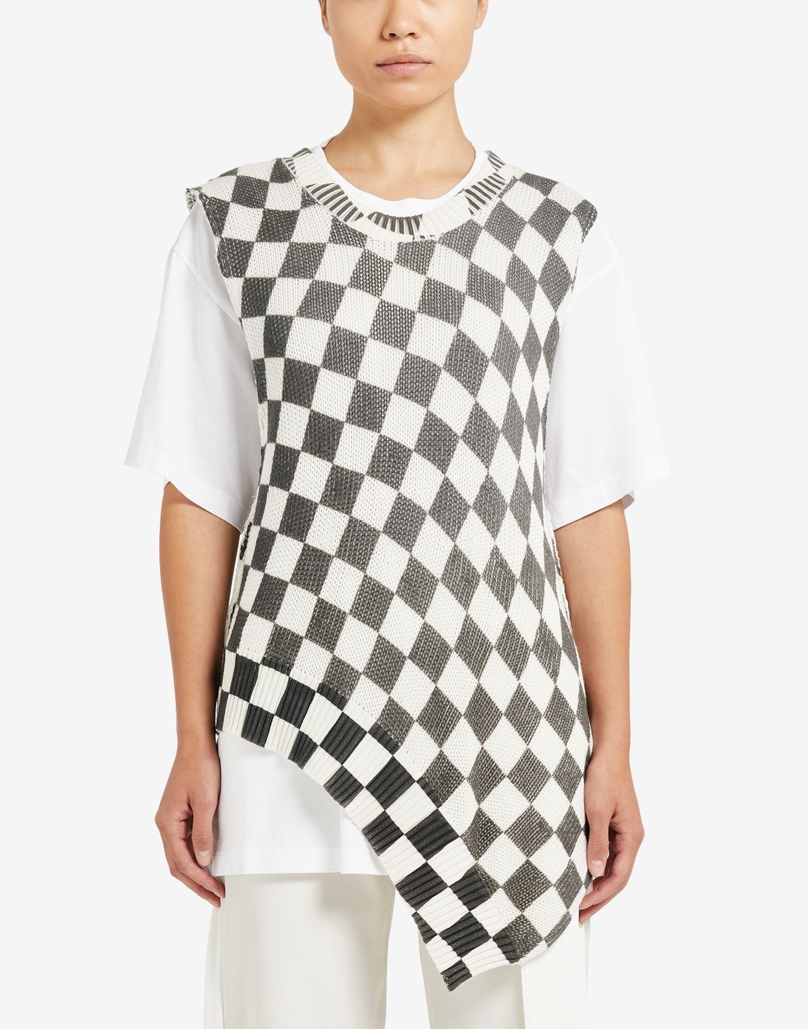 Distorted check print asymmetrical short-sleeve top - 5