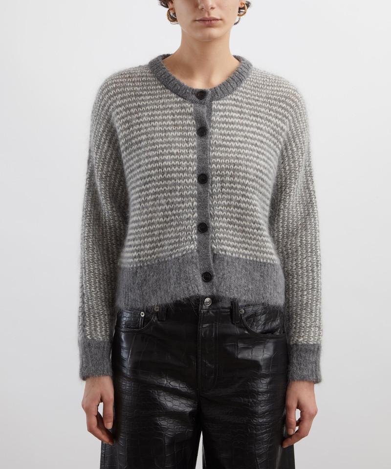 YMC Foxtail Grey Stripe Merino Wool Cardigan outlook