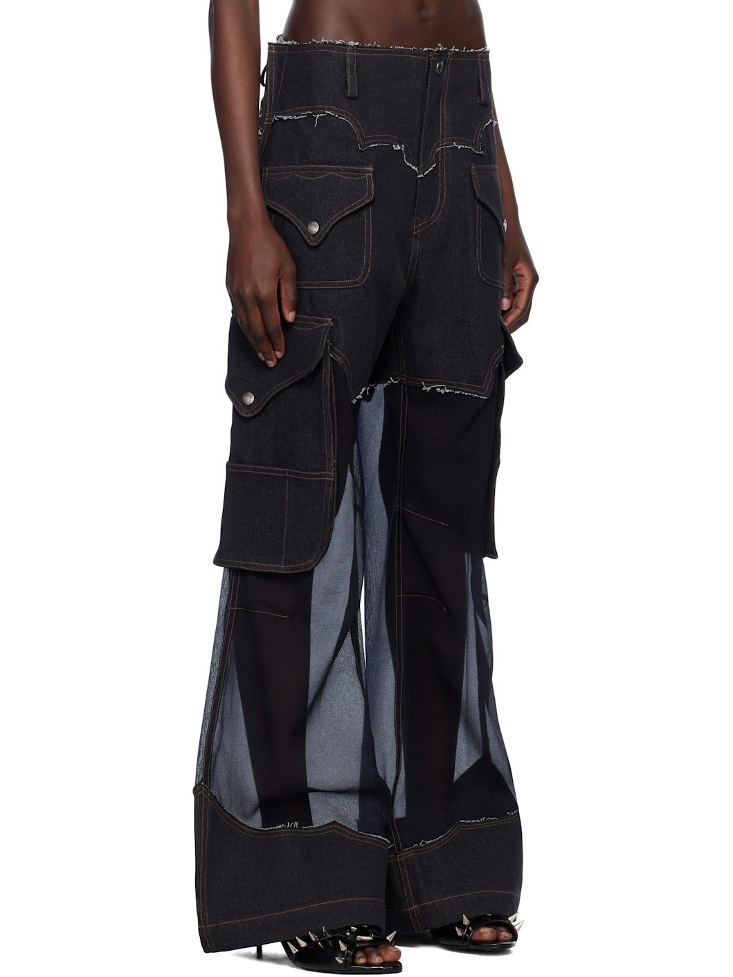 Black Sheer Denim Cargo Pants - 2