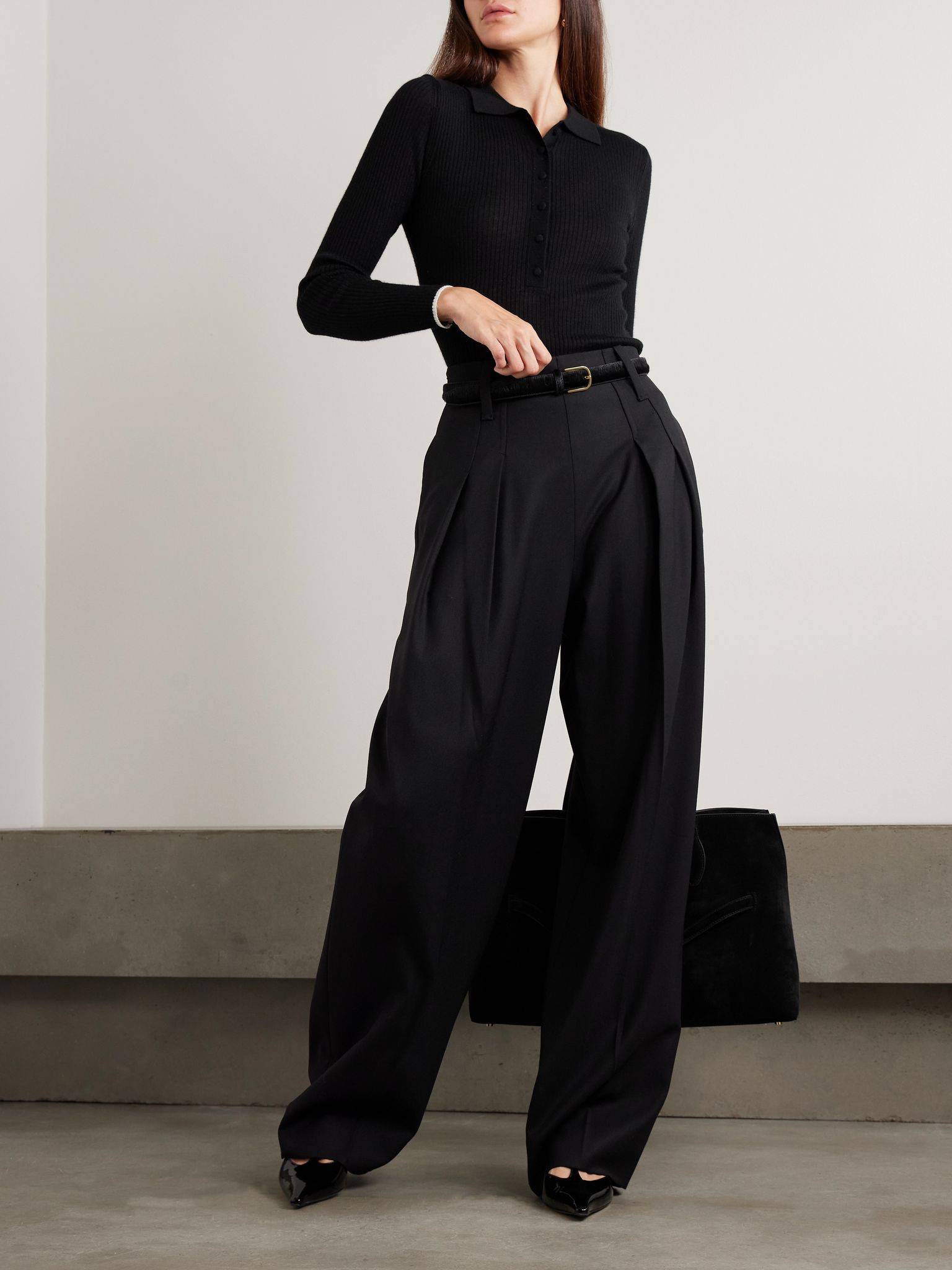 Maja ribbed organic cashmere polo shirt Black - 2